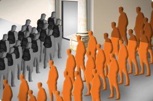 A group of orange silhouettes heads one direction while a group of gray silhouettes with backpacks heads under a marble archway
