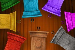 A photo illustration of eight lecterns of different colors pointing at one another.