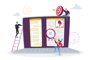 A giant computer screen with a person climbing a ladder leaning against the computer, another with a magnifying glass and a third holding a target on top of the laptop.