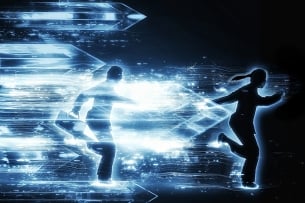 A silhouette of a girl with a ponytail running ahead of a silhouetted man holding a briefcase. They are placed on a background that is pixelated and futuristic. 
