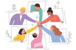 Diverse group of five people outlined in faint boxes reach out and grab hands in the center with each other