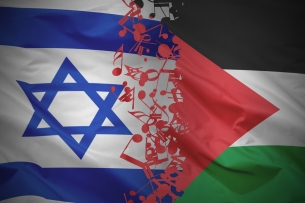 A photo illustration of an Israeli flag merging into a Palestinian one, with red music notes between them.