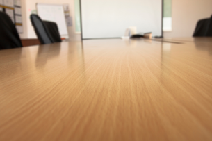 An empty conference room table.