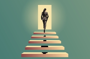 Shot of woman from behind as she walks up staircase into the light of an open door