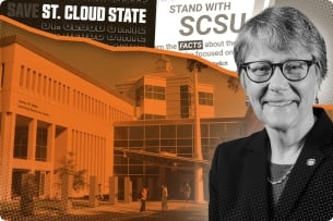 Photo illustration of St. Cloud State University's campus and President Robbyn Wacker