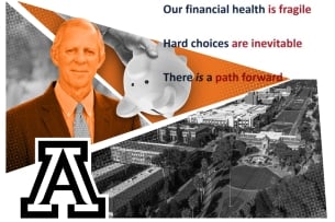 Photo illustration of University Arizona's campus and UA president Robert Robbins