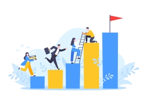 Four people on a series of tall steps. The top step has a red flag. On the next step down, a man holds a ladder for a woman to climb up to his step. On the next step down, a man runs ahead with a brief case. On the final step down, a woman holding books runs forward as well.