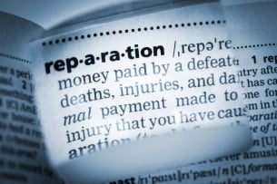 A dictionary entry for the word "reparation," as refracted through a magnifying glass.