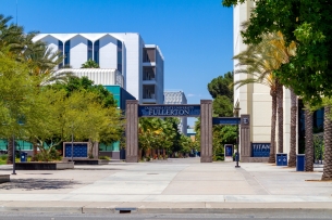 Entrance and signage to the campus of California State University, Fullerton, located in Fullerton, Calif.