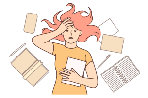 A drawing of an obviously stressed-out and overwhelmed female college student lying down, one hand on her head, and surrounded by notebooks and books.