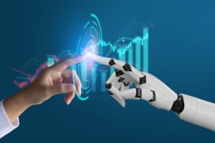 Robot hand and human hand touching on big data network connection