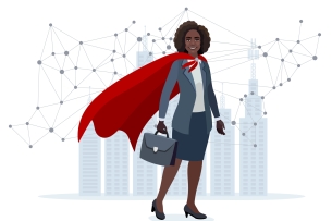 Woman of color wearing a suit and red cape stands proudly with a brief case in front of a high-tech network before shadows of buildings