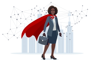 Woman of color wearing a suit and red cape stands proudly with a brief case in front of a high-tech network before shadows of buildings