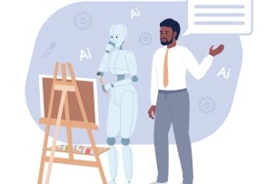 A robot and man in dress clothes stand next to each other looking at an easel. There are icons floating in the background, including "AI"