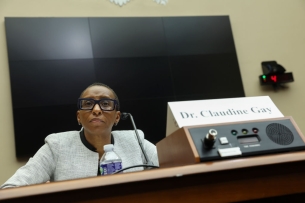 Harvard president Claudine Gay, a Black woman wearing black-framed glasses, at a congressional hearing in December.