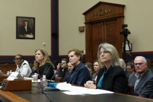 From left, four witnesses who testified during a congressional hearing Dec. 5 on antisemitism: Claudine Gay, then president of Harvard University, Elizabeth Magill, then president of University of Pennsylvania, Pamela Nadell, a professor of history and Jewish studies at American University, and Sally Kornbluth, president of the Massachusetts Institute of Technology. All four women sit at a long witness table as they listen to questioning.