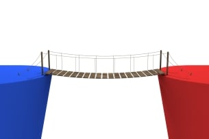 A rope bridge against a white background linking blue and red platforms, illustrating the concept of bipartisanship.