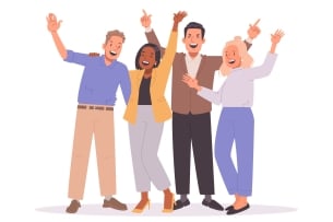 Four people of various races stand together raising their hands and looking happy