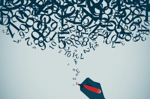 Illustrations of hand holding a red pen and writing numbers down from a messy tangled cloud of numbers and symbols