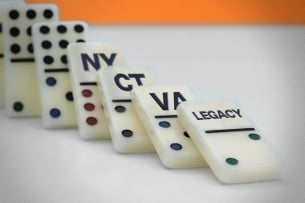 Dominos with the words legacy, VA, CT and NY topple into one another