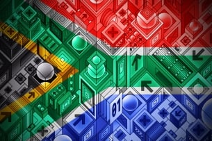 An illustration of high-tech AI graphics overlaid with the South African flag