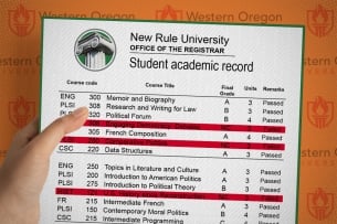 Transcript with no-credit marks and Western Oregon University logo in background