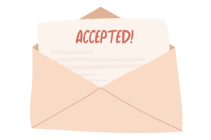 A drawing of an envelope with a letter peeking out of it that reads, in large red letters, "ACCEPTED!"