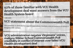 A photo illustration showing the headlines of the dueling news releases, including "92% of those familiar with VCU Health development deal want answers from the VCU Health System board" and "VCU statement about the Commonwealth Poll" and "VCU administration negates Virginians’ voices, maligns Wilder School Commonwealth Poll credibility in conflict of interest over failed VCU Health development deal."