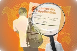 A magnifying glass inspects a college application over a silhouette of a man with a backpack and a map of the world