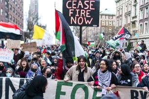 A photograph of a mass of pro-Palestinian protesters, including one with a sign saying "Cease Fire Now."