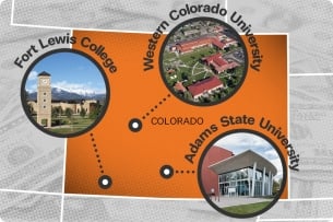 A map of Colorado that pinpoints Fort Lewis College, Western Colorado University and Adams State University