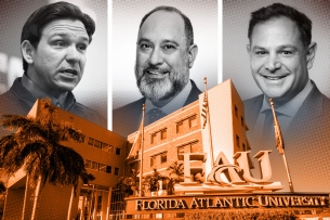 A photo illustration of three white men over an academic building