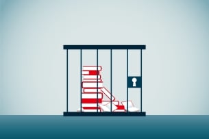 An illustration of a stack of books in a prison cell