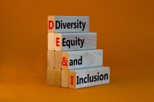 A stack of four wooden blocks with the words "Diversity, Equity and Inclusion" against an orange background.