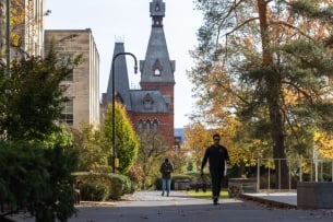 A college campus with students