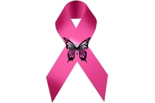 Pink cancer ribbon with butterfly on the tie spot