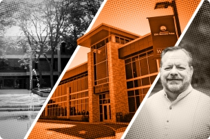 A photo illustration including a photo of Richard Brunson and campuses where he worked.