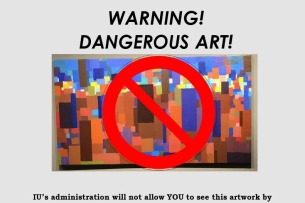 An abstract painting with a red circle and line through it with the words "Warning! Dangerous Art!" on it.