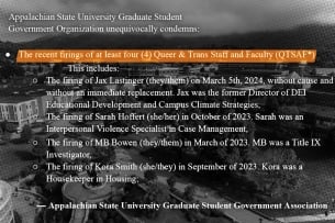 Text condemning the firing of four LGBTQ+ employees of Appalachian State University