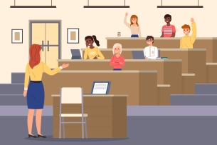 Young teacher addressing lecture class of animated students