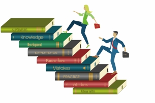 Female and male student climbing up a pile of books with titles such as "experience" and "supervisor.”