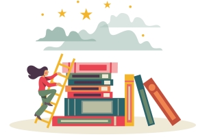 Woman climbing a ladder up a stack of books above which is a type of dream landscape with stars