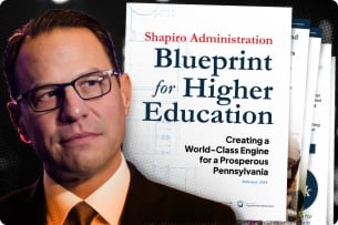 A photo illustration of Pennsylvania governor Josh Shapiro, a light-skinned man wearing glasses and a suit, and his plan for consolidation.