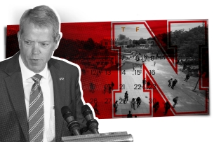 A photo illustration of Nebraska Governor Jim Pillen and the University of Nebraska-Lincoln campus.