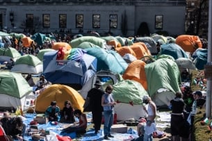 A collection of tents with students on the campus of Columbia shows that the protests continue