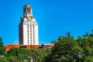 A picture of the tall clock tower at the University of Texas at Austin