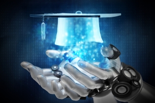 Robotic hands hold a digitized floating blue graduation mortar.