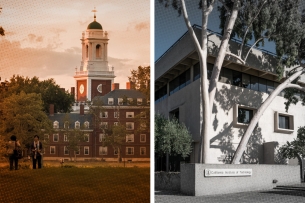 Two campuses, Harvard on the left and Caltech on the right, separated by a white line