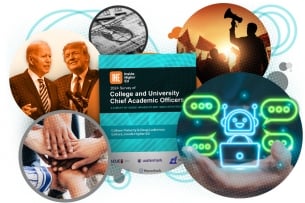 A photo illustration with a screenshot of Inside Higher Ed’s latest survey, surrounded by images of Joe Biden, Donald Trump, a dollar bill, someone holding a bullhorn, an image of a robot surrounded by chat bubbles, and people with varied skin colors putting their hands together.