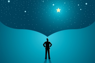 Man looks up at what appears to be a big dream scene with a shining bright star 